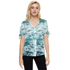 Blue Crashing Ocean Wave Bow Sleeve Button Up Top