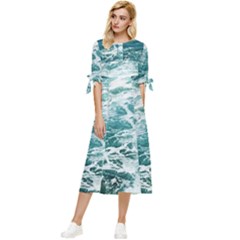 Blue Crashing Ocean Wave Bow Sleeve Chiffon Midi Dress