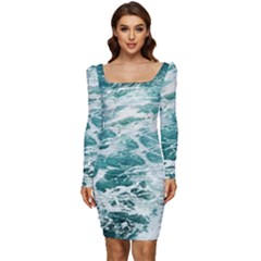Blue Crashing Ocean Wave Women Long Sleeve Ruched Stretch Jersey Dress by Jack14