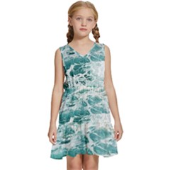 Blue Crashing Ocean Wave Kids  Sleeveless Tiered Mini Dress