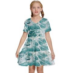 Blue Crashing Ocean Wave Kids  Short Sleeve Tiered Mini Dress