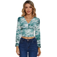 Blue Crashing Ocean Wave Long Sleeve V-Neck Top