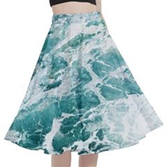Blue Crashing Ocean Wave A-Line Full Circle Midi Skirt With Pocket
