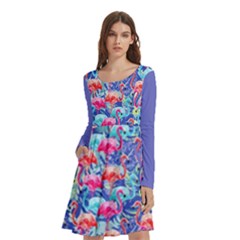 Flamingo2 Long Sleeve Knee Length Skater Dress With Pockets by flowerland