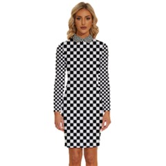 Black And White Checkerboard Background Board Checker Long Sleeve Shirt Collar Bodycon Dress by Amaryn4rt