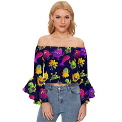 Space Patterns Off Shoulder Flutter Bell Sleeve Top by Amaryn4rt