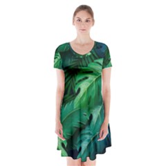 Tropical Green Leaves Background Short Sleeve V-neck Flare Dress by Amaryn4rt