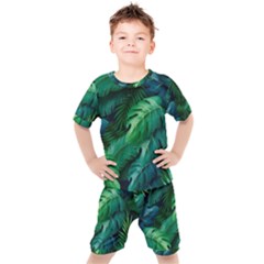 Tropical Green Leaves Background Kids  T-shirt And Shorts Set by Amaryn4rt