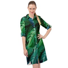 Tropical Green Leaves Background Long Sleeve Mini Shirt Dress by Amaryn4rt