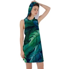 Tropical Green Leaves Background Racer Back Hoodie Dress by Amaryn4rt