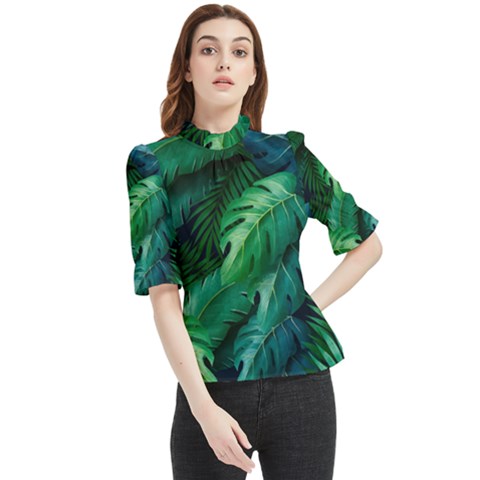 Tropical Green Leaves Background Frill Neck Blouse by Amaryn4rt