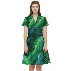 Tropical Green Leaves Background Short Sleeve Waist Detail Dress by Amaryn4rt