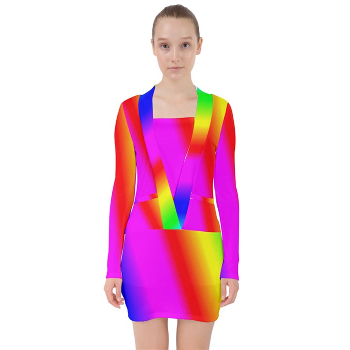 Multi-color-rainbow-background V-neck Bodycon Long Sleeve Dress