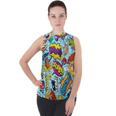 Comic Elements Colorful Seamless Pattern Mock Neck Chiffon Sleeveless Top by Amaryn4rt