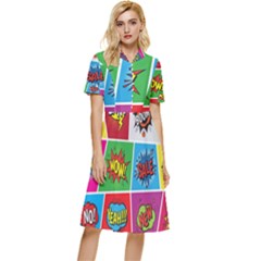 Pop Art Comic Vector Speech Cartoon Bubbles Popart Style With Humor Text Boom Bang Bubbling Expressi Button Top Knee Length Dress by Amaryn4rt