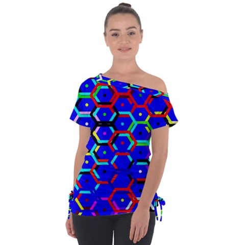 Blue Bee Hive Pattern Off Shoulder Tie-up T-shirt by Amaryn4rt