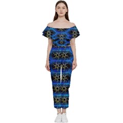 Blue Bee Hive Pattern Bardot Ruffle Jumpsuit by Amaryn4rt