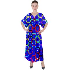 Blue Bee Hive Pattern V-neck Boho Style Maxi Dress by Amaryn4rt