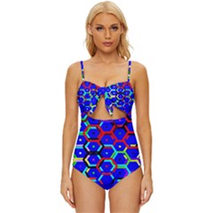 Blue Bee Hive Pattern Knot Front One-piece Swimsuit