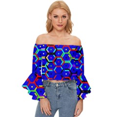 Blue Bee Hive Pattern Off Shoulder Flutter Bell Sleeve Top by Amaryn4rt