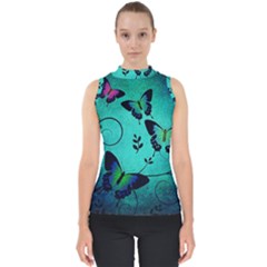 Texture Butterflies Background Mock Neck Shell Top by Amaryn4rt