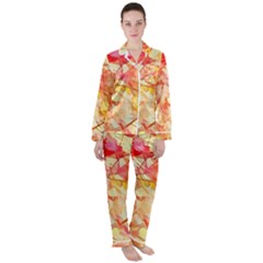 Monotype Art Pattern Leaves Colored Autumn Women s Long Sleeve Satin Pajamas Set	