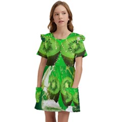 Kiwi Fruit Vitamins Healthy Cut Kids  Frilly Sleeves Pocket Dress