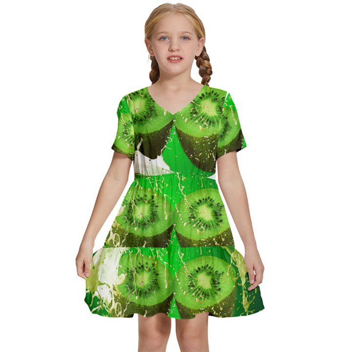 Kiwi Fruit Vitamins Healthy Cut Kids  Short Sleeve Tiered Mini Dress