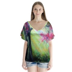 Forests Stunning Glimmer Paintings Sunlight Blooms Plants Love Seasons Traditional Art Flowers Sunsh V-neck Flutter Sleeve Top by Amaryn4rt