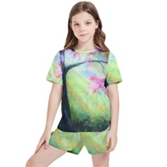 Forests Stunning Glimmer Paintings Sunlight Blooms Plants Love Seasons Traditional Art Flowers Sunsh Kids  T-Shirt And Sports Shorts Set