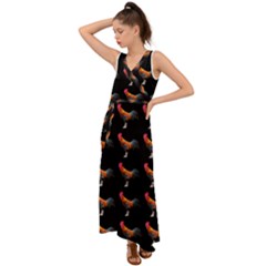 Background-pattern-chicken-fowl V-neck Chiffon Maxi Dress