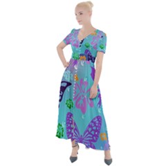 Butterfly Vector Background Button Up Short Sleeve Maxi Dress