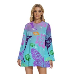 Butterfly Vector Background Round Neck Long Sleeve Bohemian Style Chiffon Mini Dress