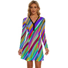 Multi-color Tangled Ribbons Background Wallpaper Long Sleeve Deep V Mini Dress 