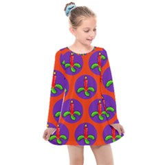 Christmas Candles Seamless Pattern Kids  Long Sleeve Dress