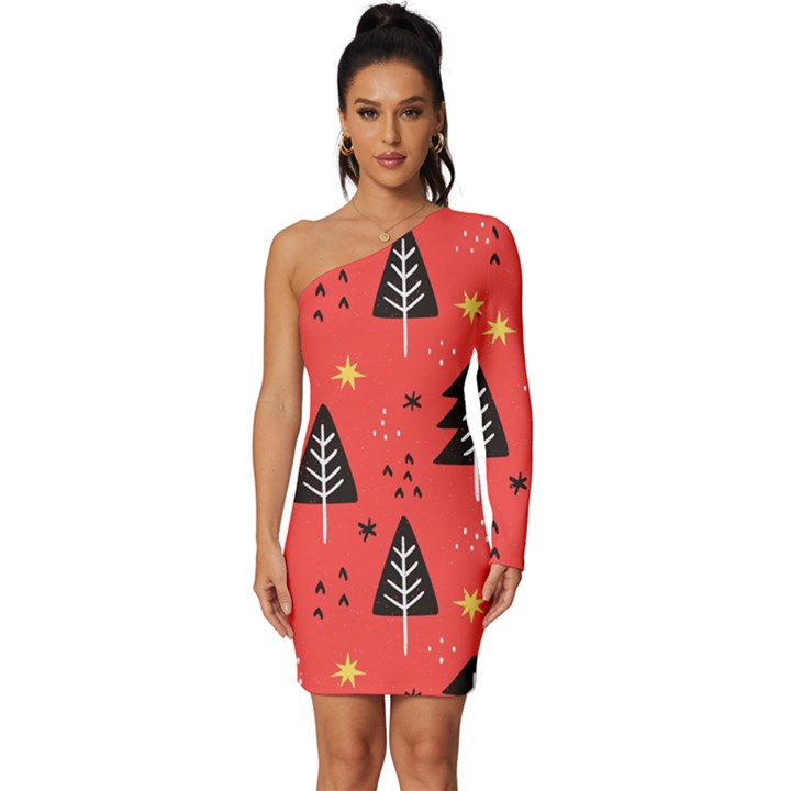 Christmas Christmas Tree Pattern Long Sleeve One Shoulder Mini Dress