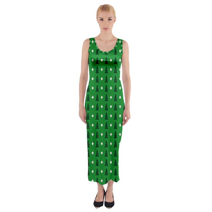 Green Christmas Tree Pattern Background Fitted Maxi Dress