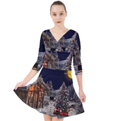 Christmas-landscape Quarter Sleeve Front Wrap Dress