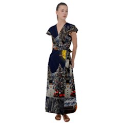 Christmas-landscape Flutter Sleeve Maxi Dress by Amaryn4rt