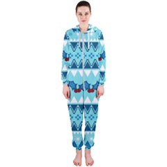 Blue Christmas Vintage Ethnic Seamless Pattern Hooded Jumpsuit (ladies)