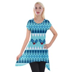 Blue Christmas Vintage Ethnic Seamless Pattern Short Sleeve Side Drop Tunic by Amaryn4rt