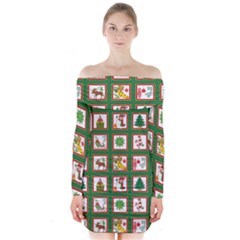 Christmas-paper-christmas-pattern Long Sleeve Off Shoulder Dress