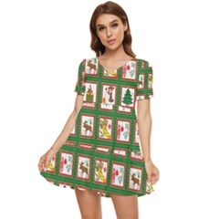 Christmas-paper-christmas-pattern Tiered Short Sleeve Babydoll Dress