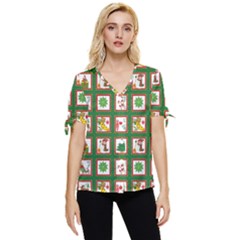 Christmas-paper-christmas-pattern Bow Sleeve Button Up Top