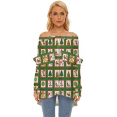 Christmas-paper-christmas-pattern Off Shoulder Chiffon Pocket Shirt