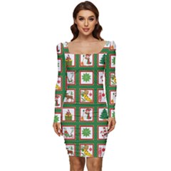 Christmas-paper-christmas-pattern Women Long Sleeve Ruched Stretch Jersey Dress