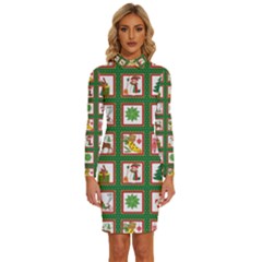 Christmas-paper-christmas-pattern Long Sleeve Shirt Collar Bodycon Dress