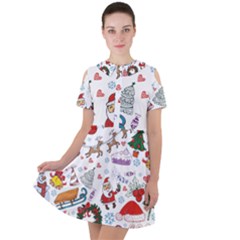 Christmas Theme Decor Illustration Pattern Short Sleeve Shoulder Cut Out Dress 