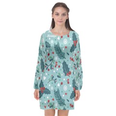 Seamless-pattern-with-berries-leaves Long Sleeve Chiffon Shift Dress 