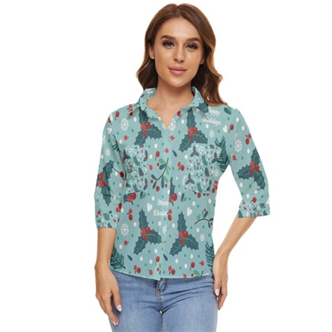 Seamless-pattern-with-berries-leaves Women s Quarter Sleeve Pocket Shirt by Amaryn4rt